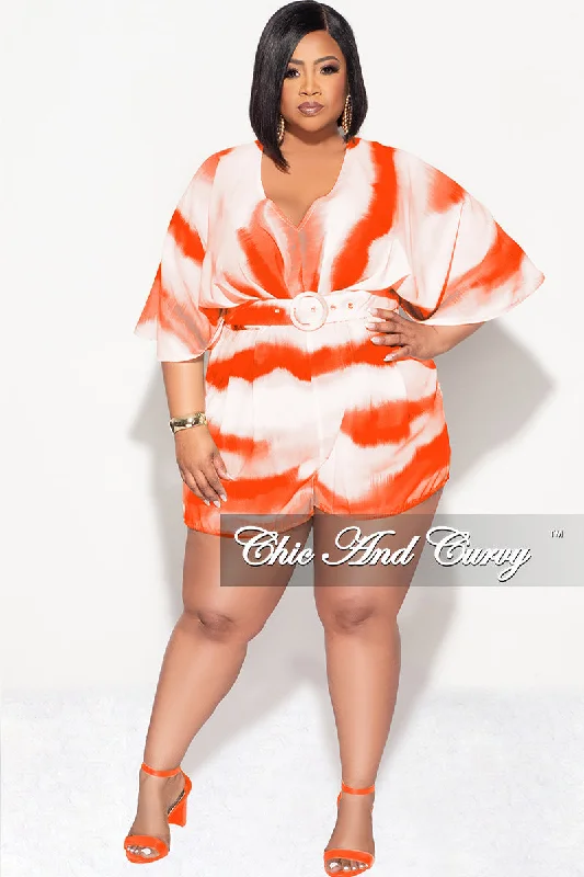 Large women's cardigan topsFinal Sale Plus Size Chiffon Romper with Belt in Orange Print