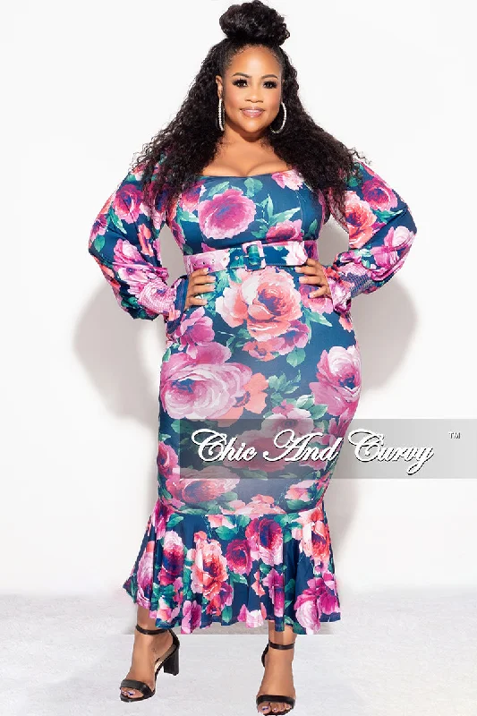 Plus size women's work topsFinal Sale Plus Size Midi BodyCon Dress with Ruffle Bottom in Navy Floral Print