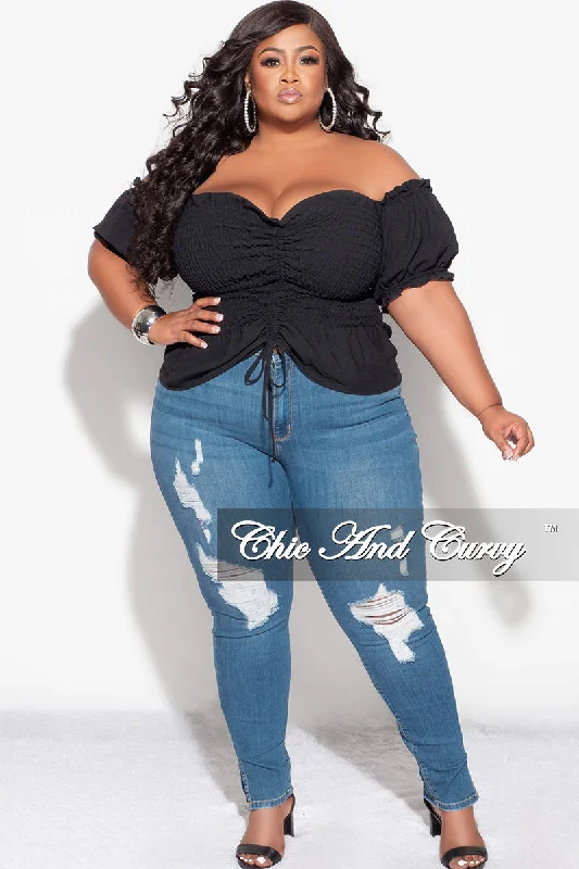 Plus size women's hollow topsFinal Sale Plus Size Off the Shoulder Frill Top with Middle Drawstring and Ruffle Bottom in Black