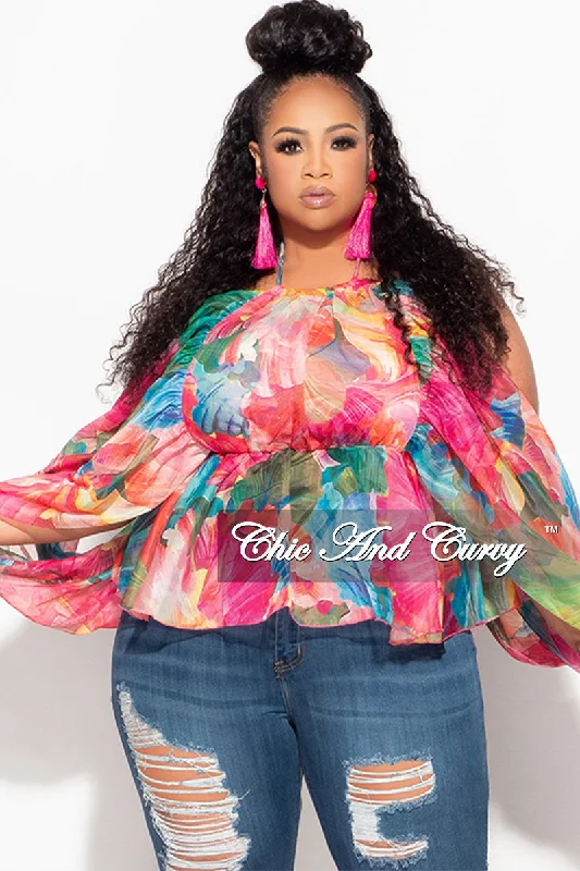 Knitted Final Sale Plus Size Chiffon Cold Shoulder Top in Fuchsia Floral Print  Print