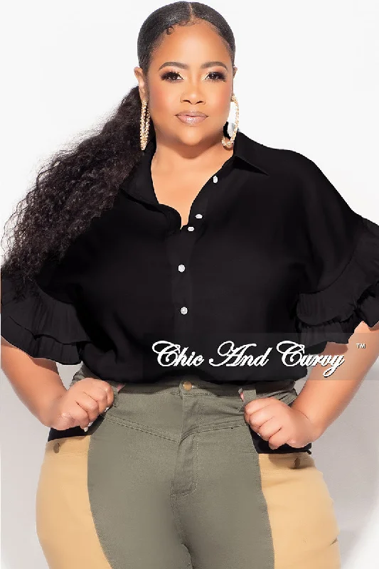 Women's luxury topsFinal Sale Plus Size Button Up Collar Top with Pleated Ruffle Sleeves in Black