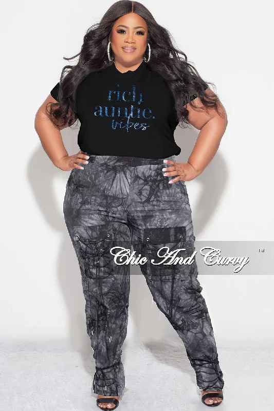 Women's spring topsFinal Sale Plus Size Sleeveless "Rich Auntie" Graphic Top in Black and Blue Print