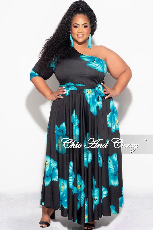 Plus size women's simple topsFinal Sale Plus Size One Shoulder Dress in Black and Turquoise Floral Print