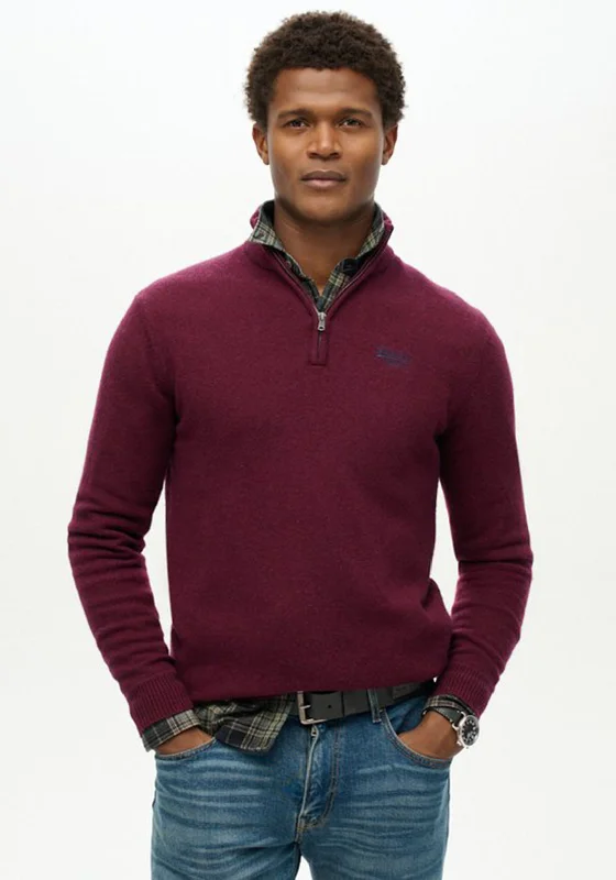 Superdry Essential Embroidered Knit Quarter Zip Sweater, Dark BerryRuffled Knit Tops