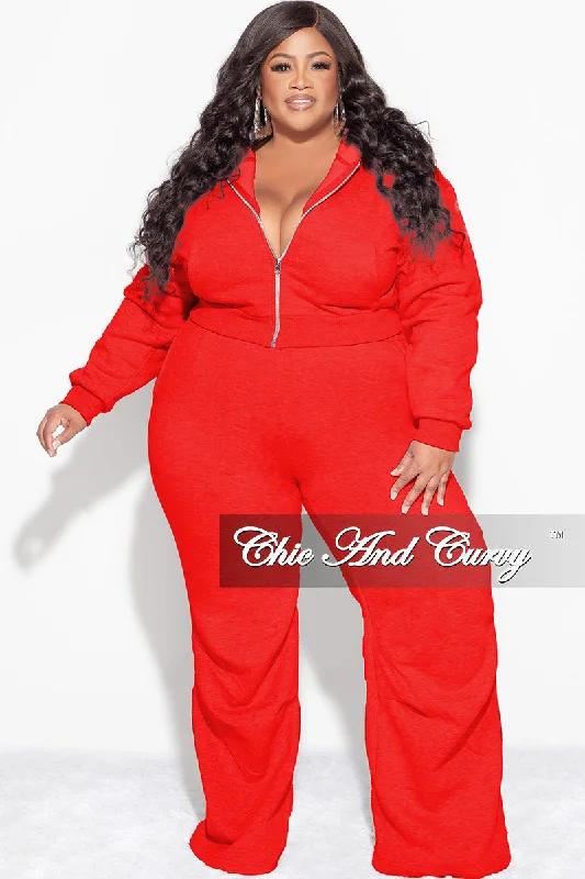 Plus size women's chiffon topsFinal Sale Plus Size Plush 2pc Zip-Up Hooded Top and Wide Leg Pleated Lower Leg Sweatpants in Red