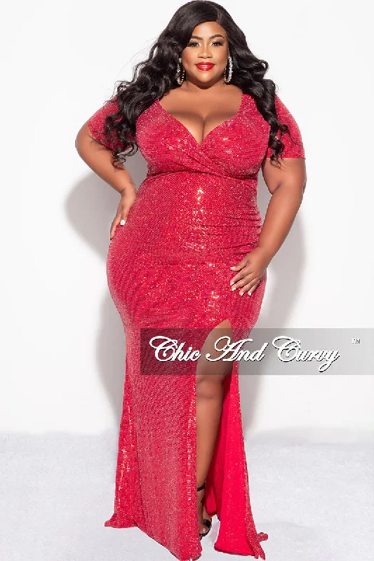 Large women's warm topsFinal Sale Plus Size Evening Gown Deep V Neck Dress in Confetti Dot Knit Sequin in Red