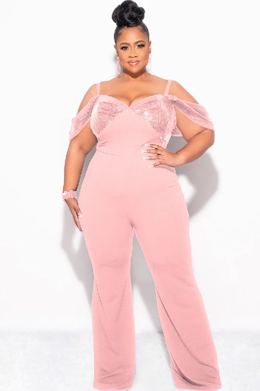 Women's commuter topsFinal Sale Plus Size Off The Shoulder Faux Wrap Sequin Jumpsuit Mauve Pink