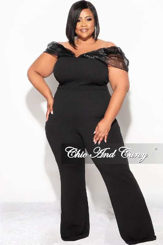 Women's thick topsFinal Sale Plus Size Mesh Off The Shoulder Plus Size Jumpsuit in Black