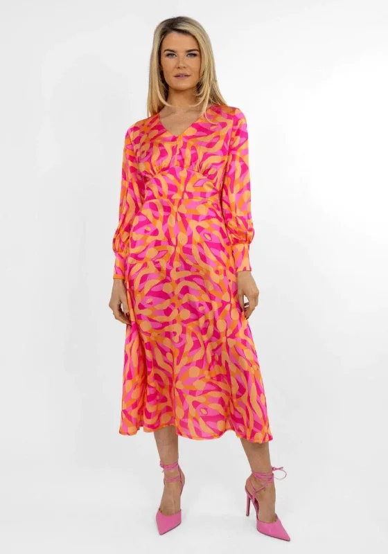 Kate & Pippa Birkin Satin Feel Print Midi Dress, Pink & OrangeRunning Dress