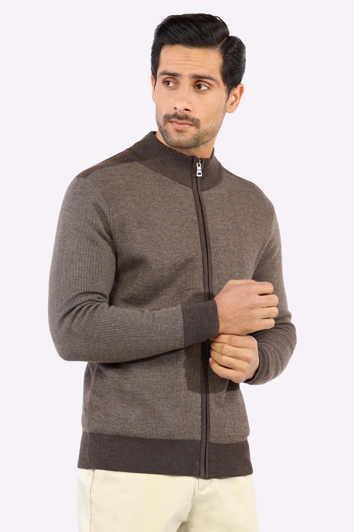 Light Brown Zip-Up Gents SweaterRuffled Knit Tops