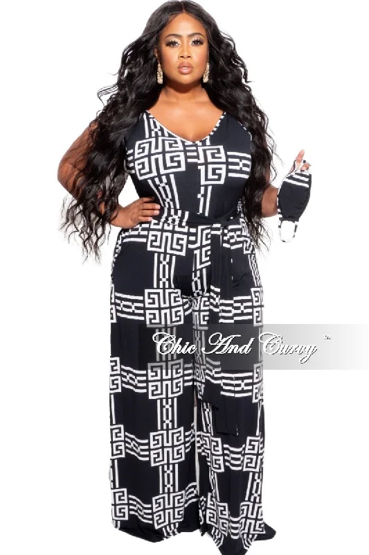 Plus size women's striped topsFinal Sale Plus Size Spaghetti Strap Belted Jumpsuit in Black & White