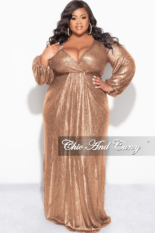 Large women's long topsFinal Sale Plus Size Faux Wrap Gown with Pleated Waist & Balloon Sleeves in Bronze Metallic Lux Fabric