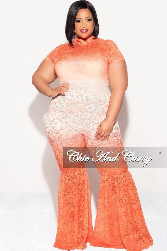 Large women's anti-static topsFinal Sale Plus Size Mock Neck Lace Bell Bottom Jumpsuit in Orange Ivory