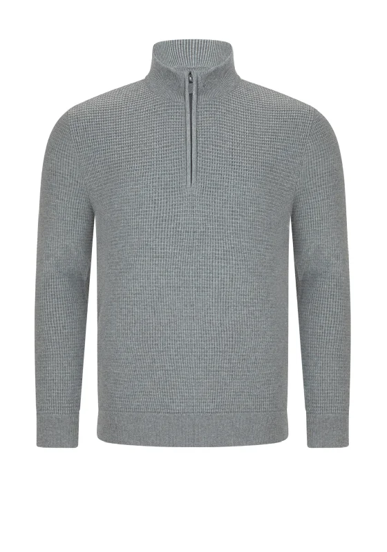 Remus Uomo Waffle Knit Quarter Zip Sweater, Light GreyCropped Knit Tops