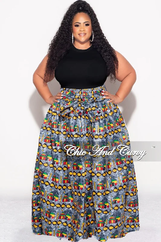 Women's sleeveless topsFinal Sale Plus Size High Waist Maxi Skirt with Tie in Multi Color Design Print