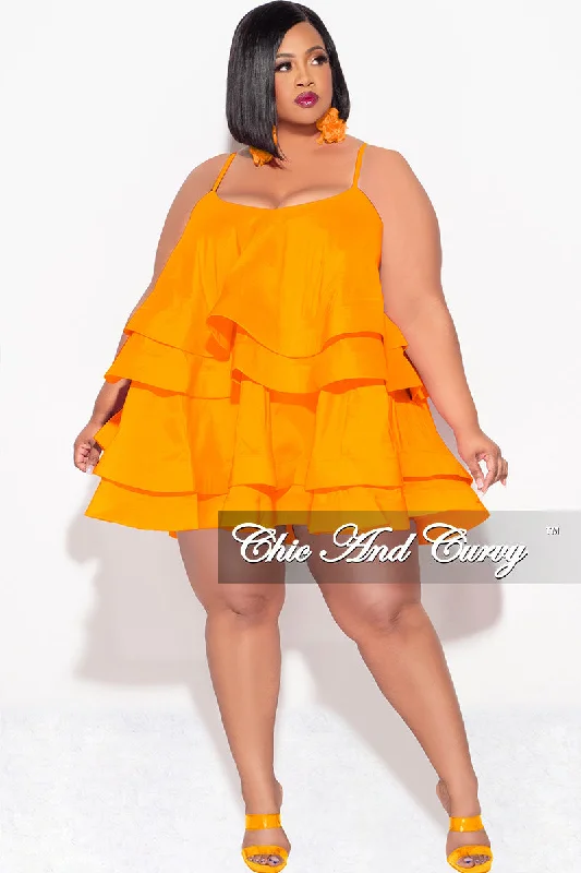 Fashionable plus size women's topsFinal Sale Plus Size Spaghetti Strap Tiered Ruffle Mini Dress in Orange