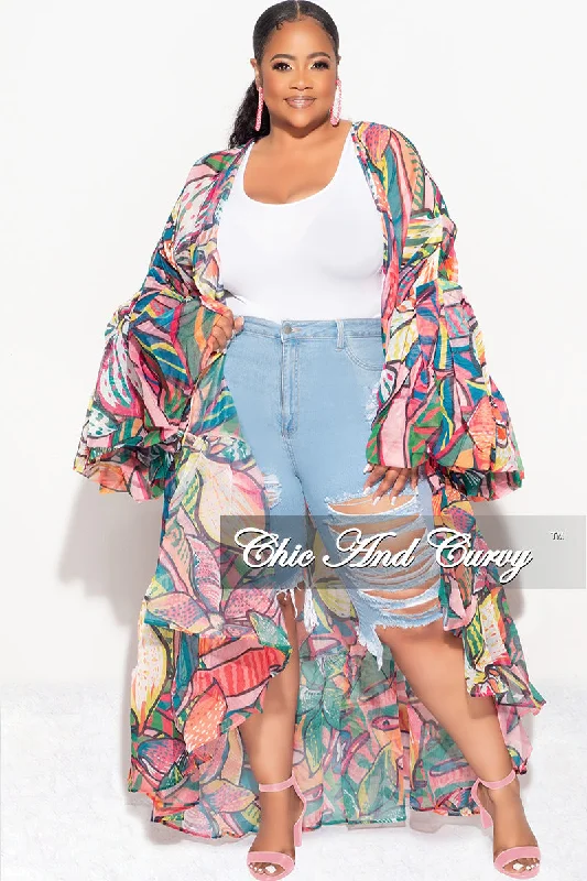 Large women's stretch topsFinal Sale Plus Size Ruffle Sleeve Kimono Duster in Pink Multi Color