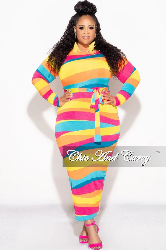 Plus size women's retro topsFinal Sale Plus Size BodyCon Dress with Tie in Multi Color Stripe Print