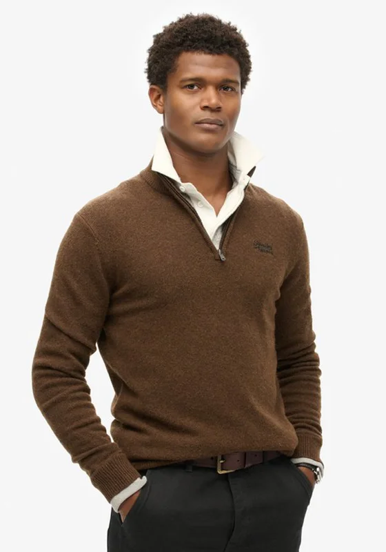 Superdry Essential Embroidered Knit Quarter Zip Sweater, Woodland BrownLayered Knit Tops