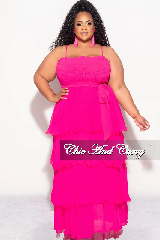 Plus size women's bohemian topsFinal Sale Plus Size Spaghetti Strap Chiffon Frill Ruffle Dress in Fuchsia