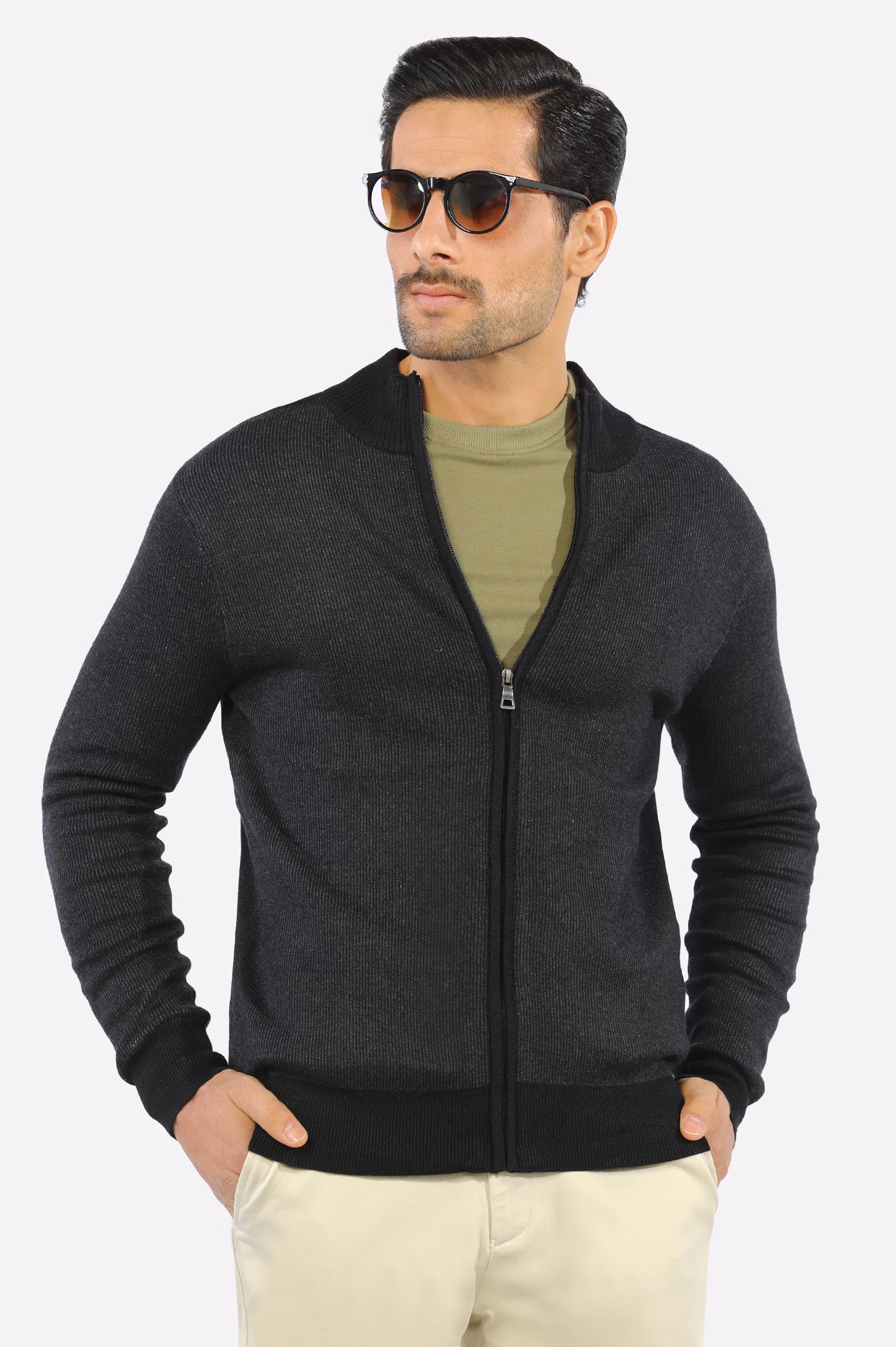 Grey Zip-Up Gents SweaterCrewneck Knit Tops