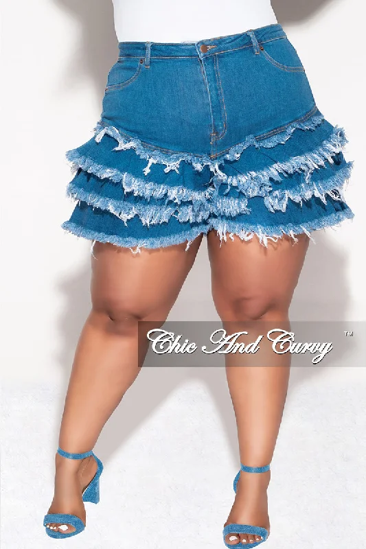 Large women's anti-static topsFinal Sale Plus Size Ruffle Layered Frayed Shorts in Med Dark Denim