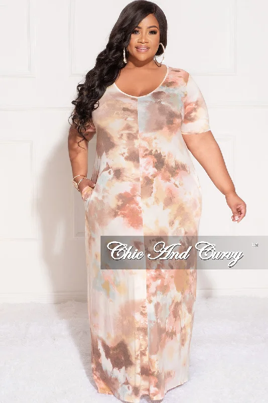 Women's commuter topsFinal Sale Plus Size Short Sleeve Maxi Dress in Brown Multi Color Tie Dye Print