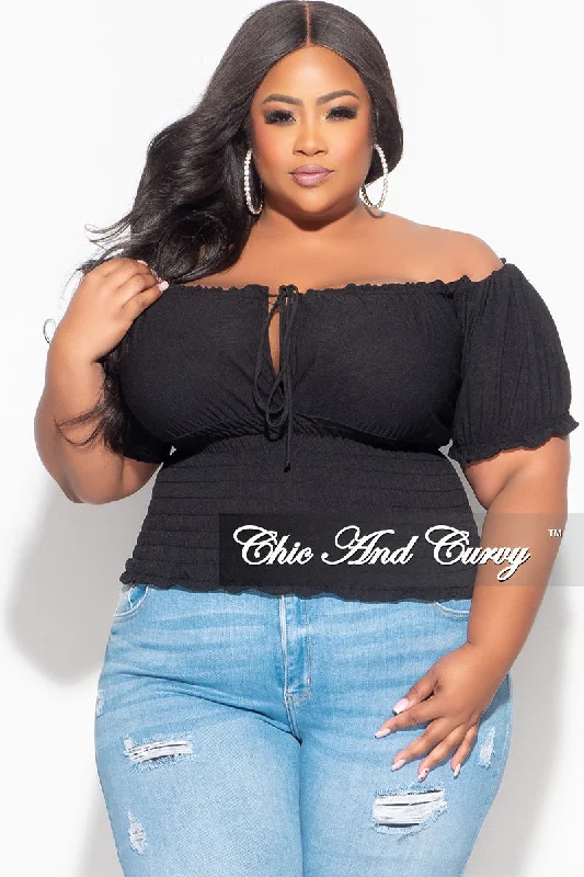 Large women's quick-drying topsFinal Sale Plus Size Off the Shoulder Top with Frill Bottom in Black