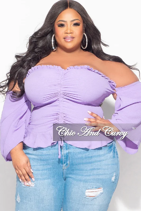 Large women's cropped topsFinal Sale Plus Size Off the Shoulder Frill Top with Middle Drawstring in Purple