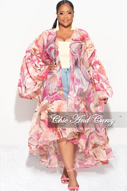 Large women's quick-drying topsFinal Sale Plus Size Ruffle Sleeve Kimono Duster in Pink and Tan