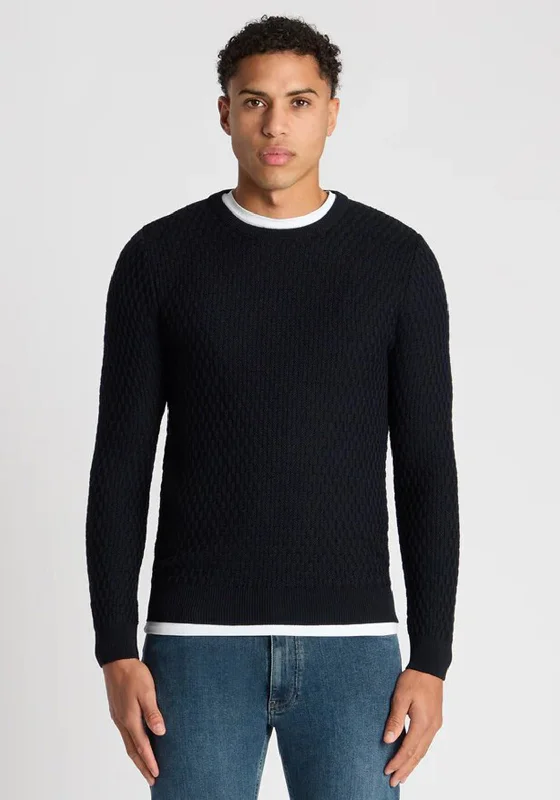 Remus Uomo Crew Neck Wool-Blend Sweater, NavyBranded Knit Tops