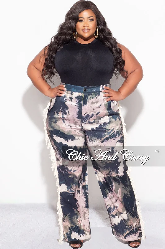 Large women's sweat-wicking topsFinal Sale Plus Size Pants with Beige Fringes On The Side in Navy & Beige & Olive - Grunge Paint G602