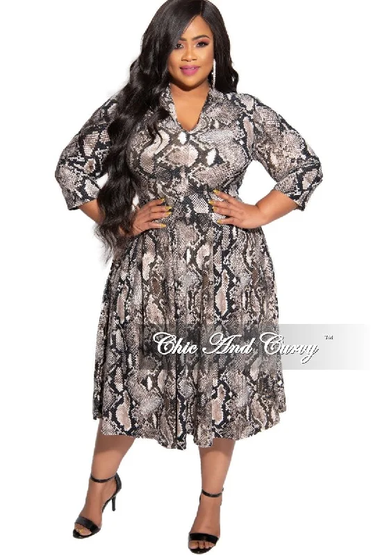 Women's thick topsFinal Sale Plus Size Collared 3/4 Sleeves Flare Dress in Brown and Black Snake Print