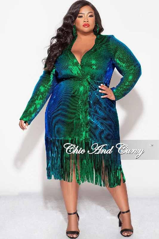 Large women's windproof topsFinal Sale Plus Size Faux Sequin Mermaid Duster with Belt in Green and Blue