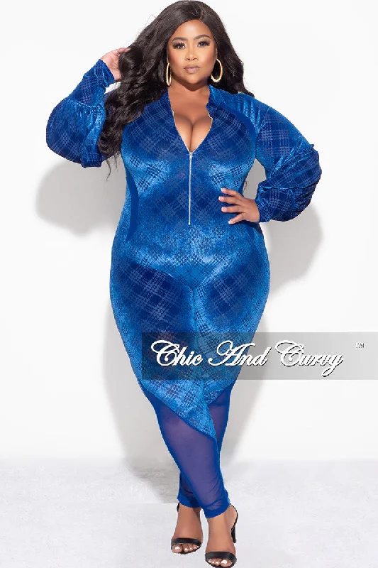 Large women's sun protection topsFinal Sale Plus Size Velvet Mesh Contrast Zip-Up Jumpsuit in Royal Blue