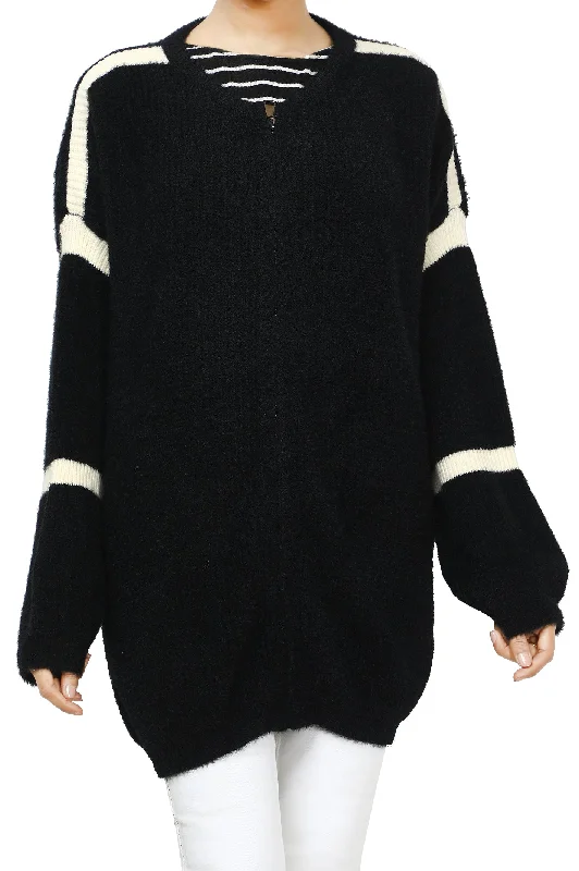 Oversized Black Wool Sweater for WomensLace-Up Knit Tops