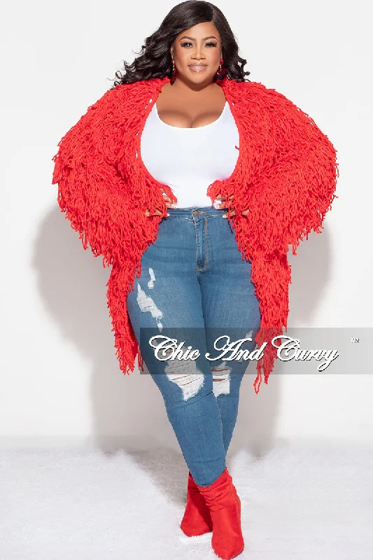 Plus size women's turtleneck topsFinal Sale Plus Size Fringe Cardigan in Crochet Knit With Open Front in Red (Seasonal)