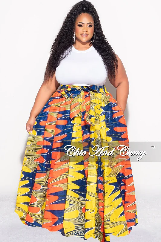 Plus size women's turtleneck topsFinal Sale Plus Size High Waist Maxi Skirt with Tie in Royal Blue Orang and Yellow Design Print