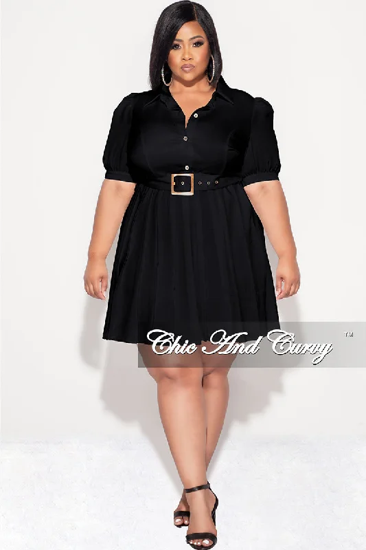 Women's long sleeve topsFinal Sale Plus Size Collar Button Up Pleated Dress with Belt in Black