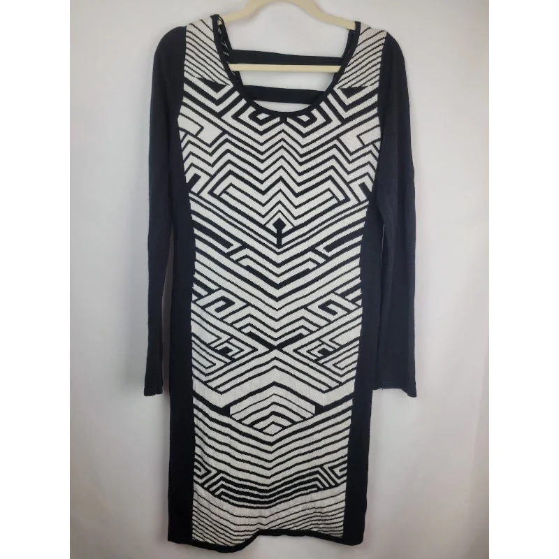 Vintage Bongo 90's Black White OP Art Long Sleeve Knit Sweater Dress Size XLOne-shoulder Dress