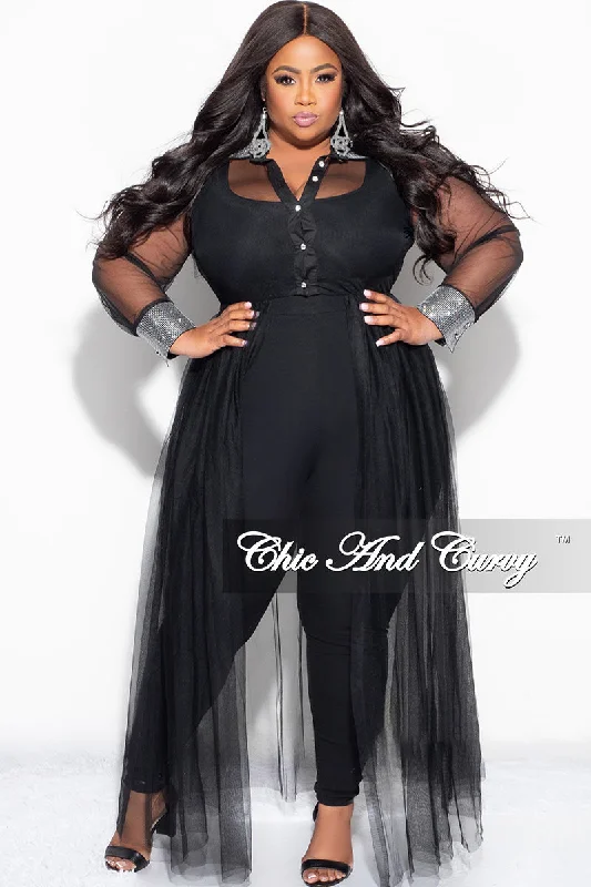 Women's fitness topsFinal Sale Plus Size Rhinestone Cuffs & Collar Button Up Sheer Top in Black