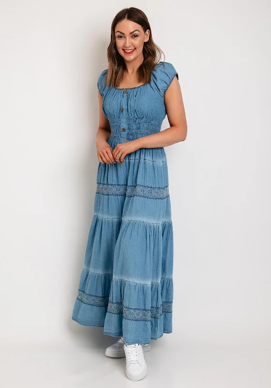 Serafina Collection One Size Shirred Waist Maxi Denim Dress, Light DenimKimono Dress