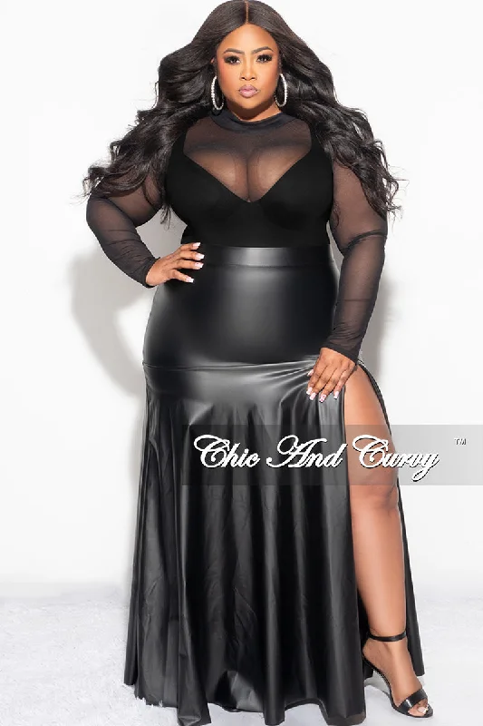 Plus size women's hollow topsFinal Sale Plus Size Faux Leather Maxi Skirt with Front High Slit in Black