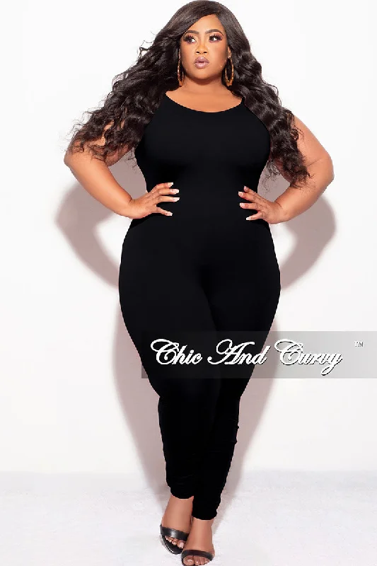 Plus size women's bohemian topsFinal Sale Plus Size Spaghetti Strap Catsuit Unitard in Black