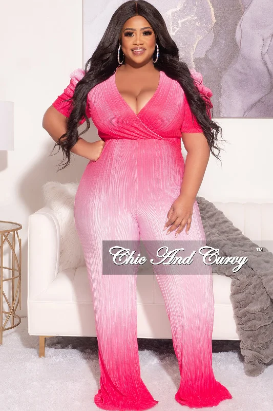 Plus size women's off-the-shoulder topsFinal Sale Plus Size Pleated Jumpsuit in Pink and White Tie Dye Print