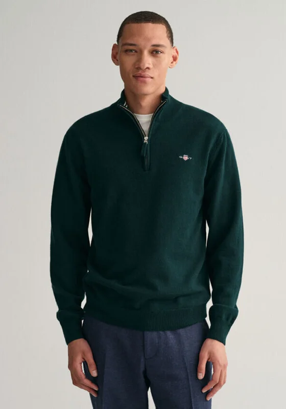 Gant Superfine Lambswool Half Zip Sweater, Tartan GreenLayered Knit Tops