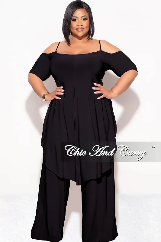 Knitted TeeFinal Sale Plus Size 2pc Cold Shoulder High Low Top and Wide Leg Pants in Black