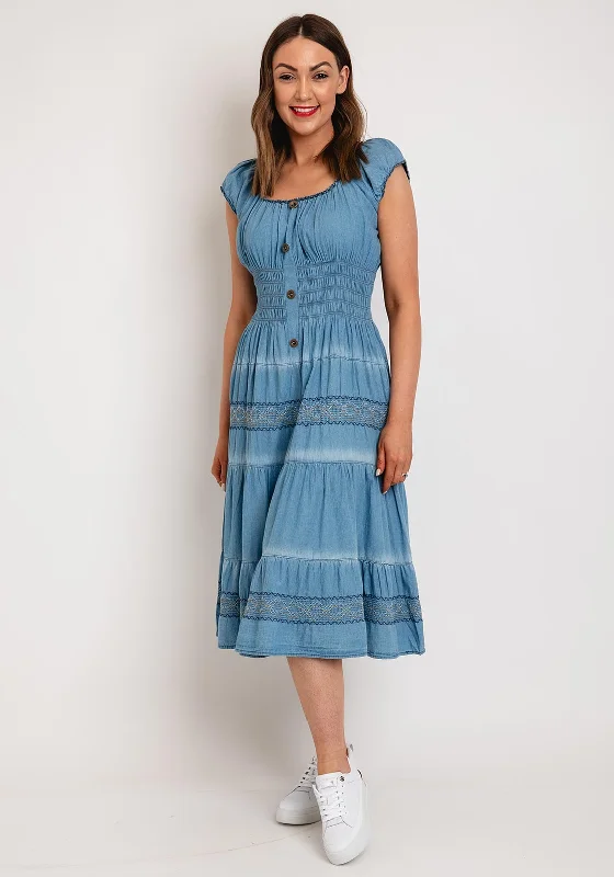 Serafina Collection One Size Shirred Waist Midi Denim Dress, Light DenimKaftan Dress