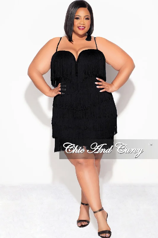 Women's fleece topsFinal Sale Plus Size Spaghetti Strap BodyCon Fringe Dress in Black