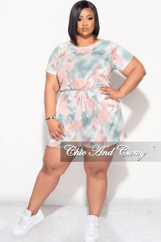 Plus size women's ruffle topsFinal Sale Plus Size Romper with Drawstring in Pink and Teal Tie Dye